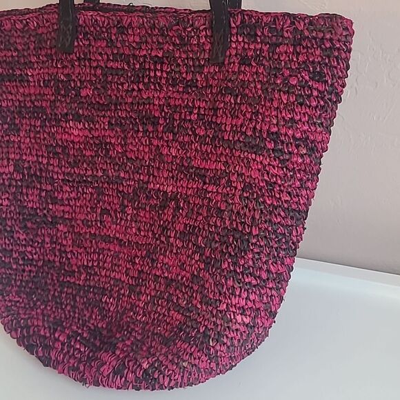 Pink and Black Woven Tote Bag Leather Handles Zip Closure - Picture 7 of 13